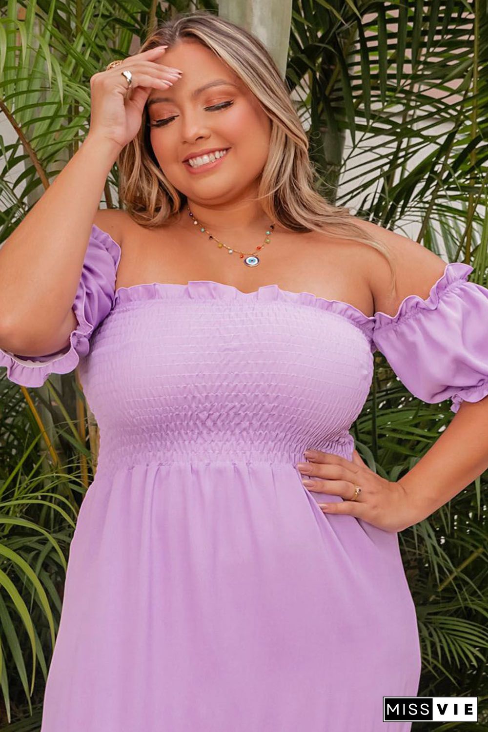 Purple Ruffled Smocked Off Shoulder Plus Size Maxi Dress