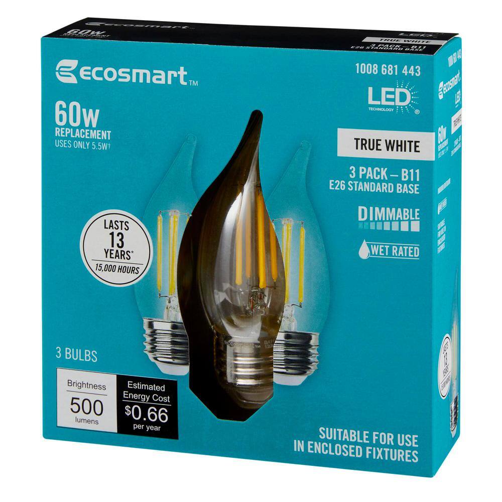 EcoSmart 60-Watt Equivalent BA11 Dimmable Edison LED Light Bulb True White (3-Pack) BA11C5DE26835Z