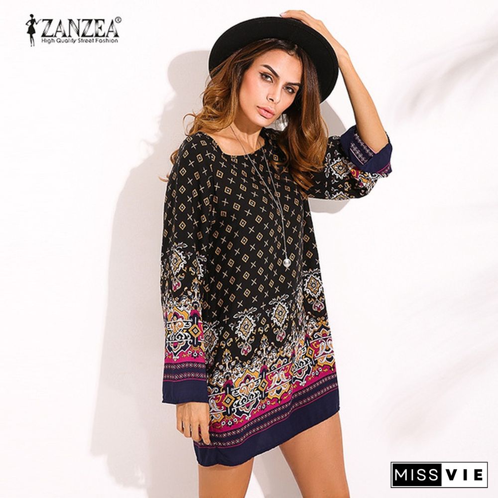 Zanzea Women Round Neck Floral Print Mini Dress Boho Ladies Casual Loose Long Tops Shirt Blouse