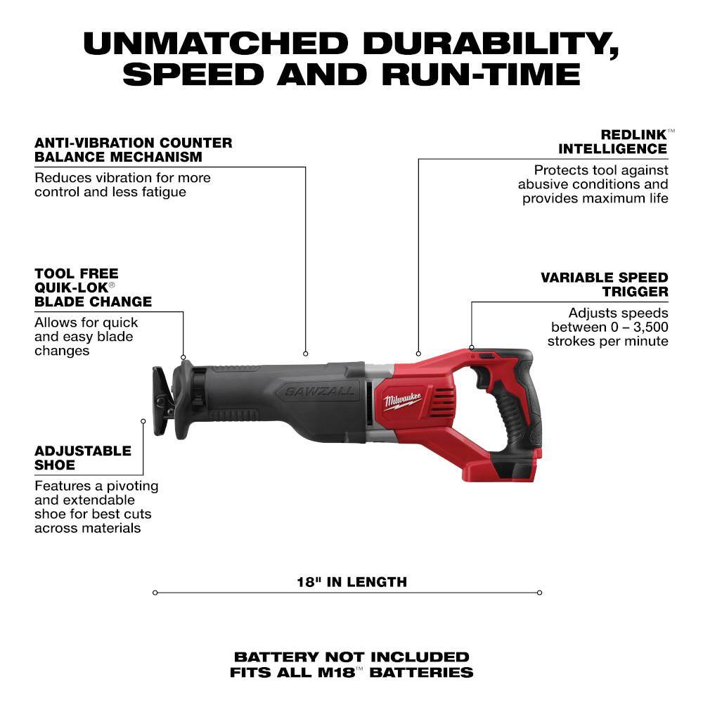 MW M18 18V Lithium-Ion Cordless SAWZALL Reciprocating Saw (Tool-Only) 2621-20