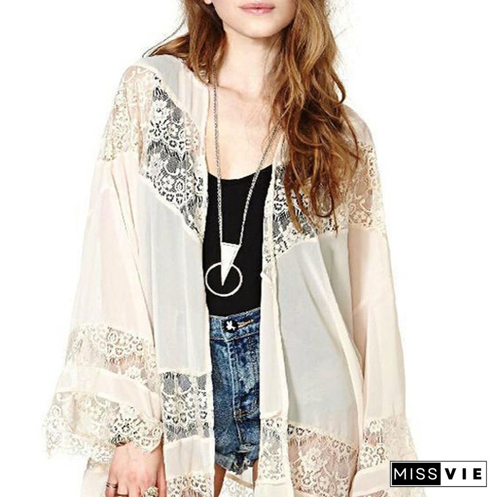 Women Boho Chiffon Kimono Lace Crochet Flower Long Loose Cardigan Coat