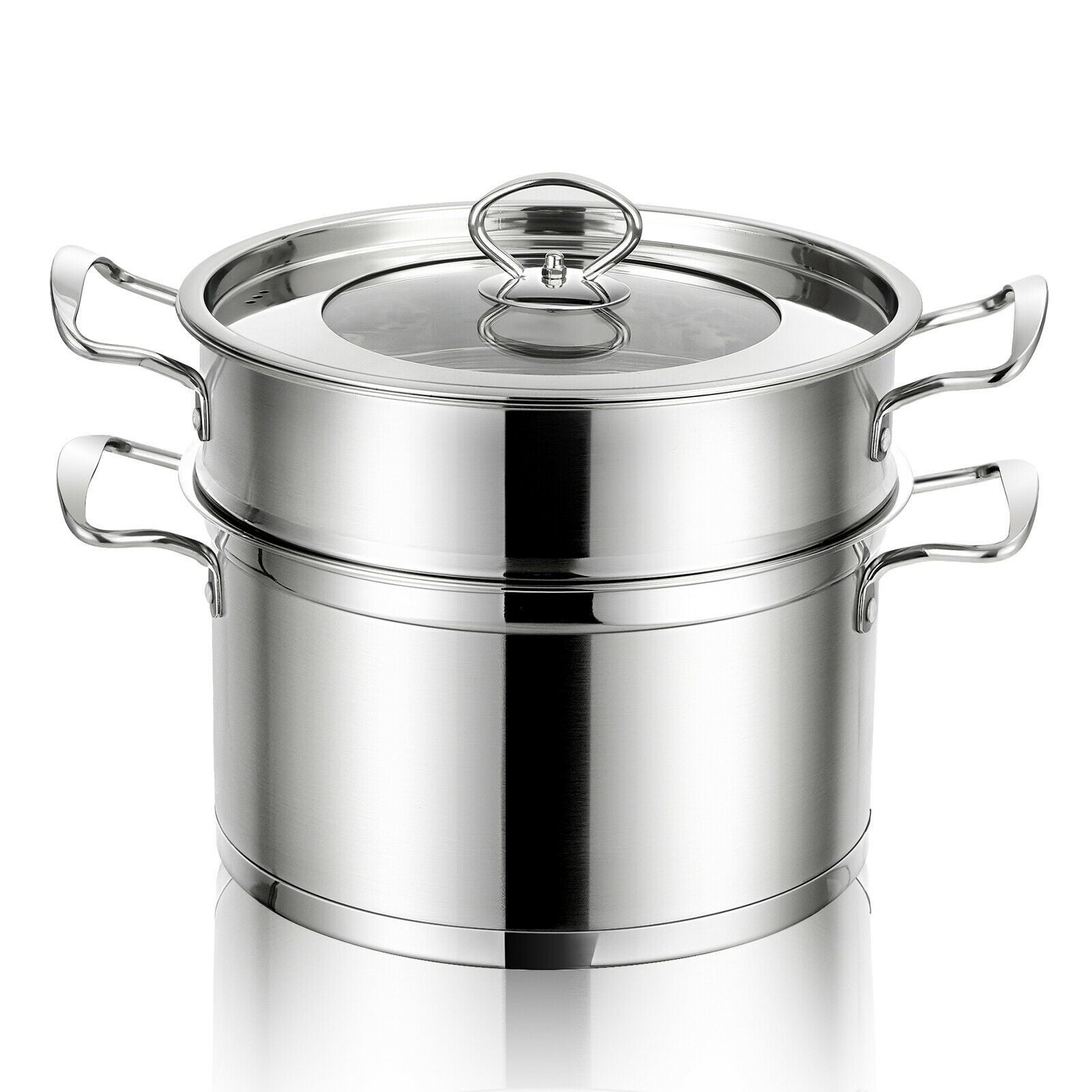 2-Tier Steamer Pot 304 Stainless Steel Steaming Cookware with Glass Lid