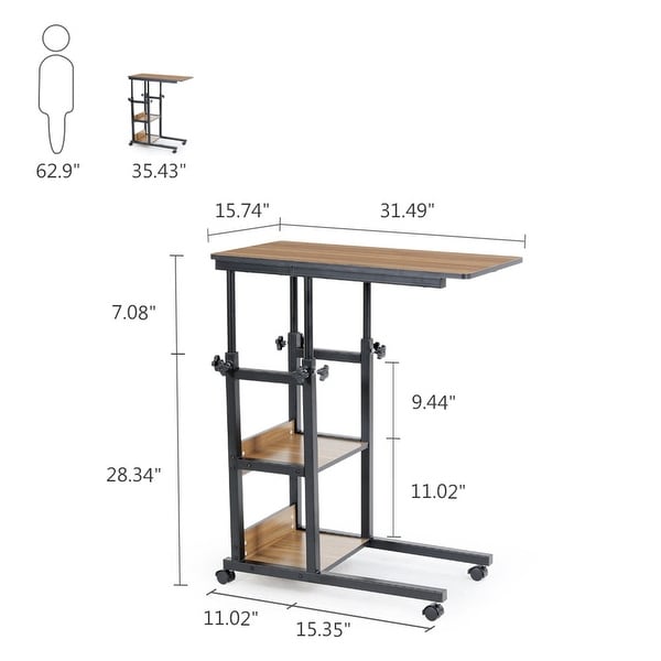 Brown/ Black Wood C-Shaped OverBed SideTable with Wheels， Industrial mobile Bed End Tables for Bedroom