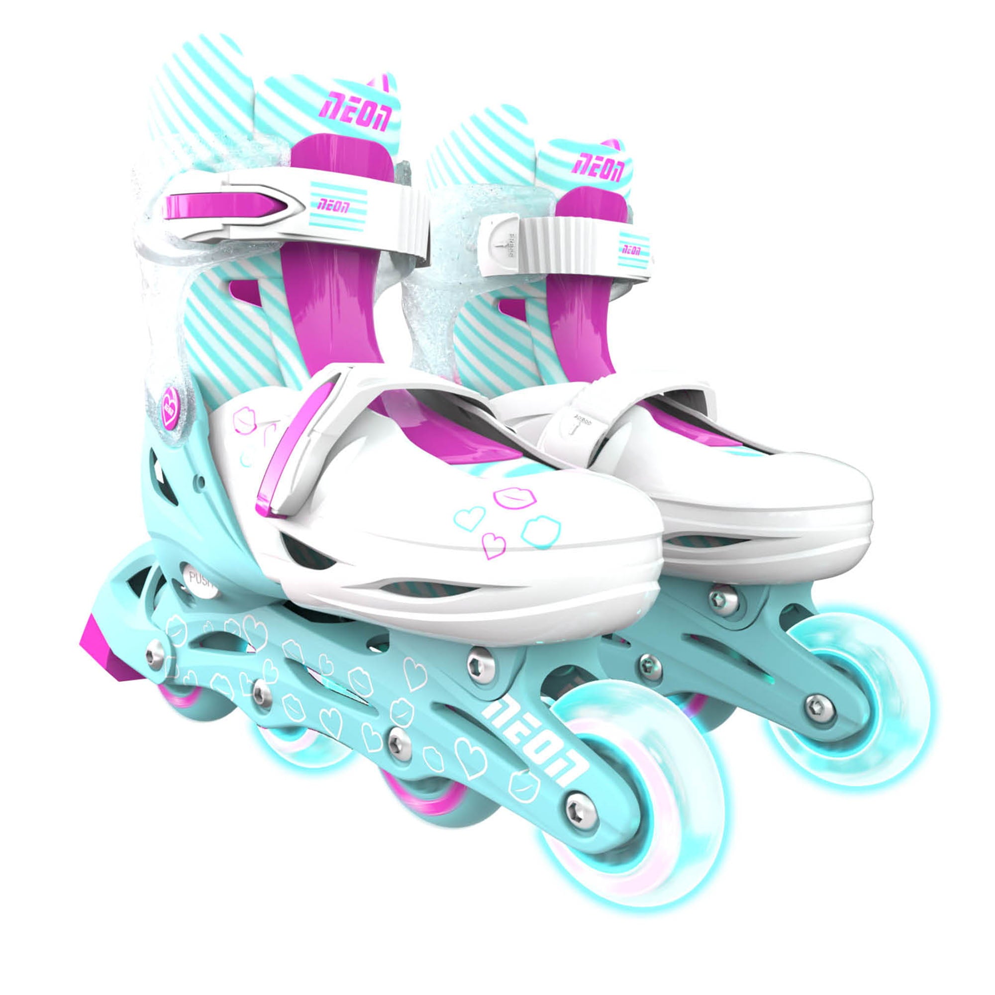 Neon Combo 2-in-1 Kids Skates Inline and Quad - Unisex, One Pair, Size 12-2 Adjustable, Pink/ Green