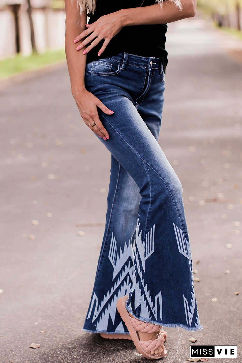 Blue Western Pattern High Rise Flare Jeans