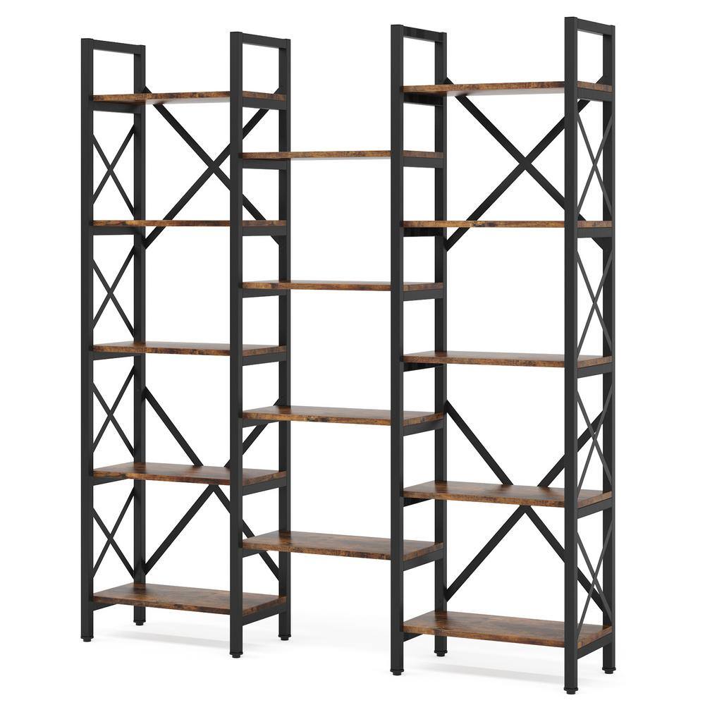 TRIBESIGNS WAY TO ORIGIN Obie 60.3 Black Metal Frame and Rustic Brown Particleboard 14-Shelf Open Back Standard Bookcase with Large Capacity HD-C0457