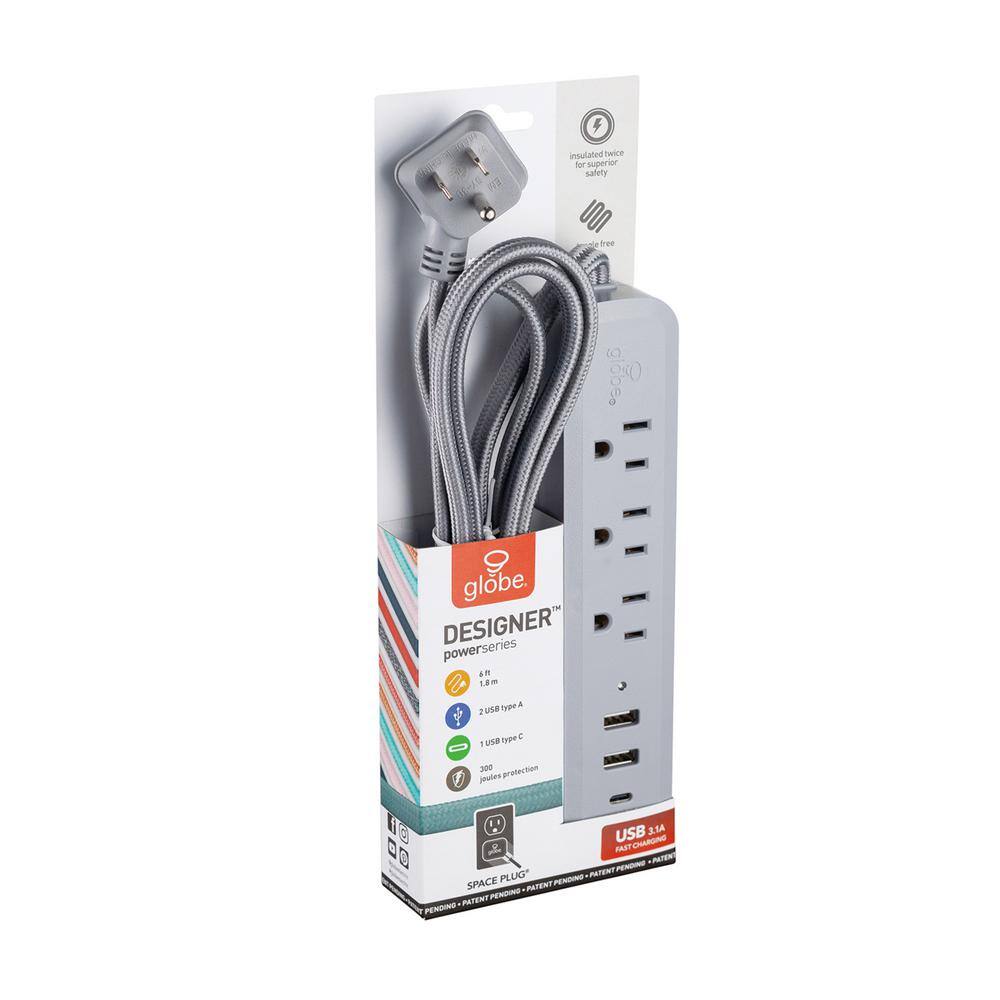 Globe Electric Designer Series 6 ft. 3-Outlet Gray USB Surge Protector Power Strip 78551