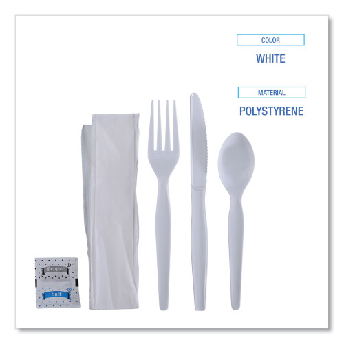 Boardwalk Six-Piece Cutlery Kit， Condiment/Fork/Knife/Napkin/Spoon， Heavyweight， White， 250/Carton (FKTNSHWPSWH)