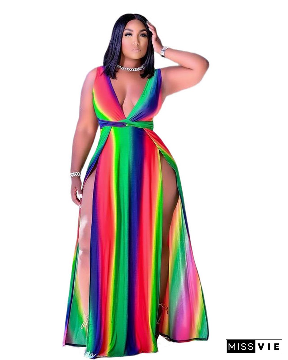 Women Elegant Rainbow Striped Print Sleeveless Summer Sexy Deep V Neck High Slit Maxi Long Dress