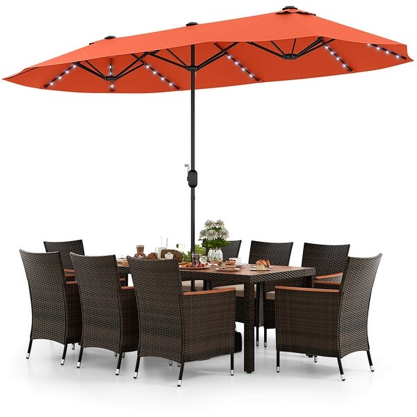 11 PCS Patio Dining Set Outdoor Rattan Furniture Set w/ 15ft Umbrella