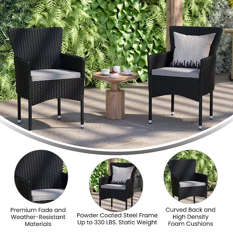 Merrick Lane Sunset Set of 4 Patio Chairs with Fade and Weather Resistant Black Wicker Wrapped Steel Frames and Gray Cushions