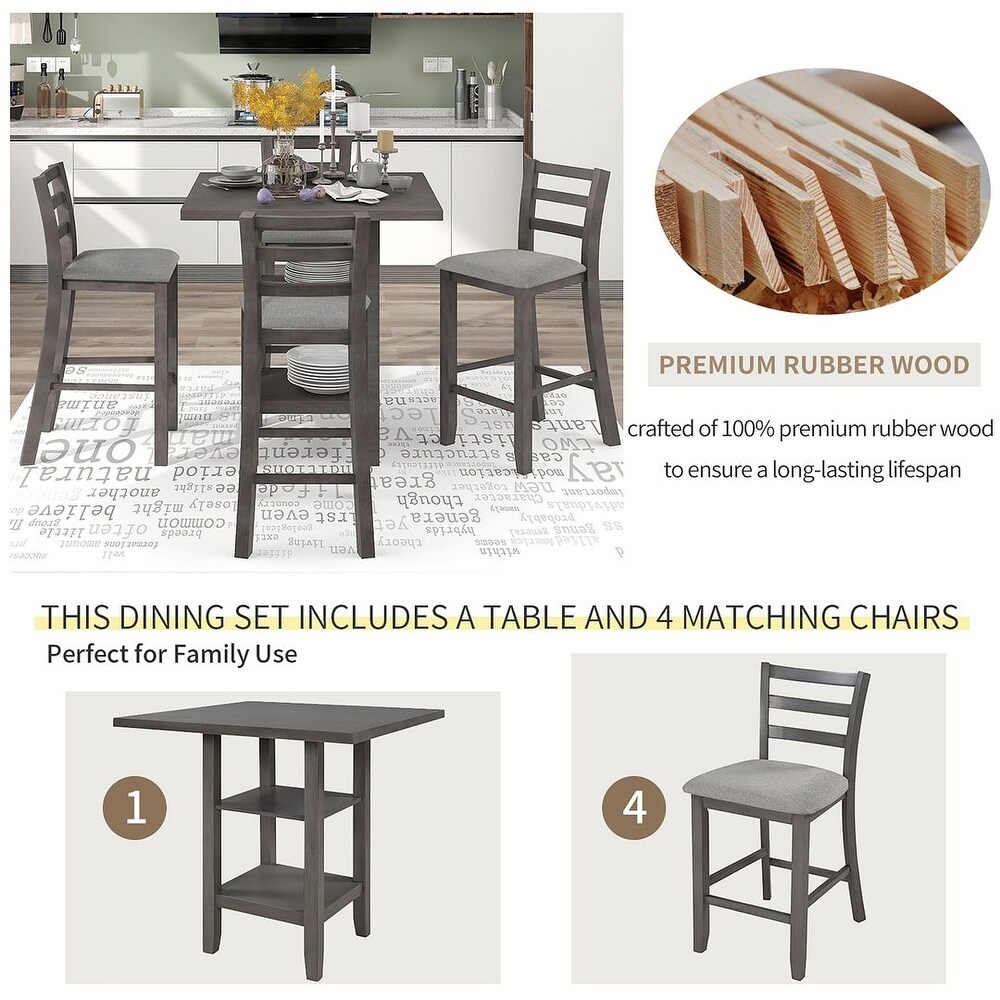 5 Piece Counter Height Square Dining Table Set with 4 Chairs