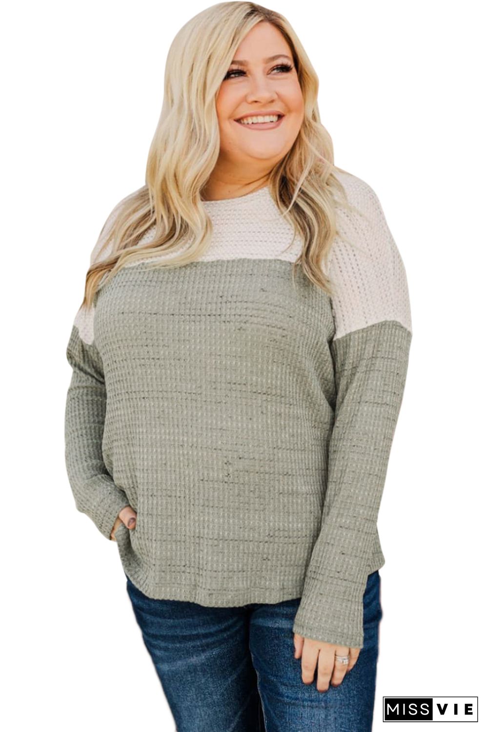 Green Plus Size Colorblock Knit Long Sleeve Top