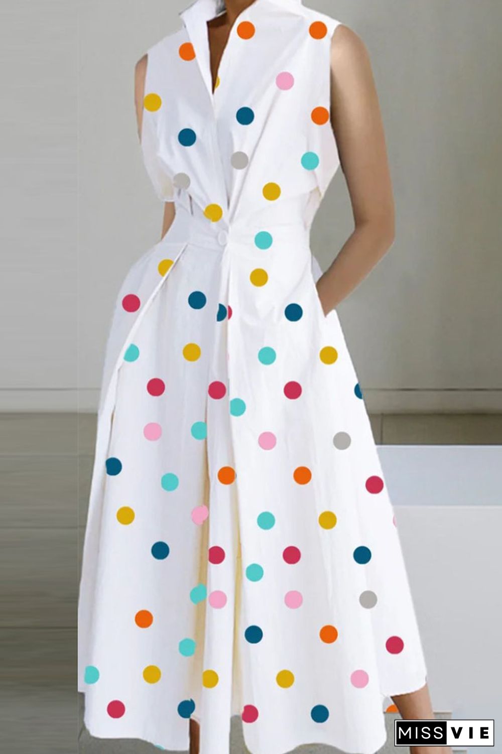 White Blue Red Casual Print Patchwork Buttons Fold Mandarin Collar A Line Dresses