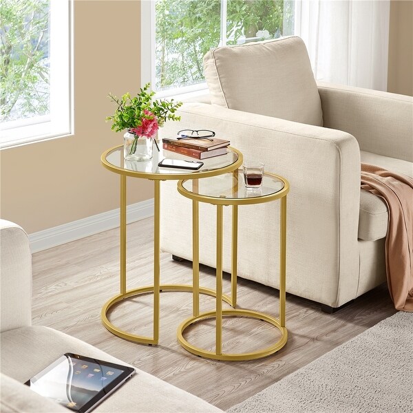 Yaheetech Round Nesting End Table Set with Glass Top for Small Space