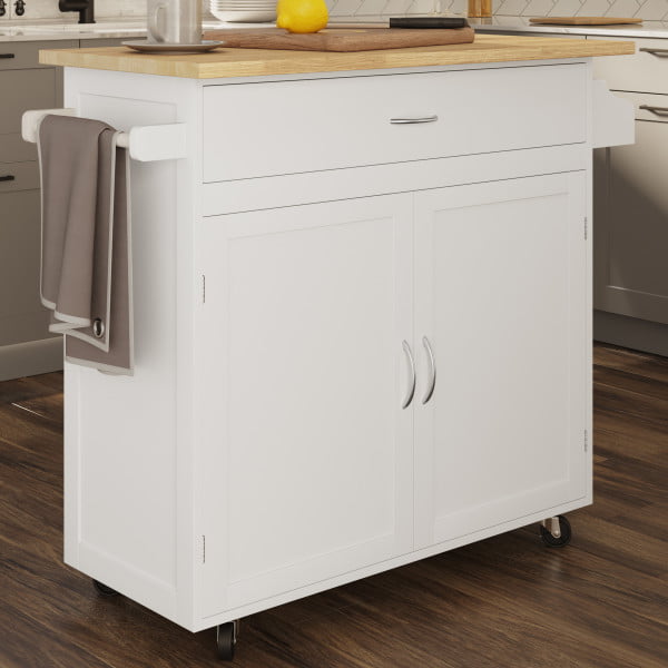 Kitchen Island with Spice Rack and Storage Cabinet – Rolling Cart with Drawers to Use as Coffee Bar， Microwave Stand or Storage by Lavish Home (White)