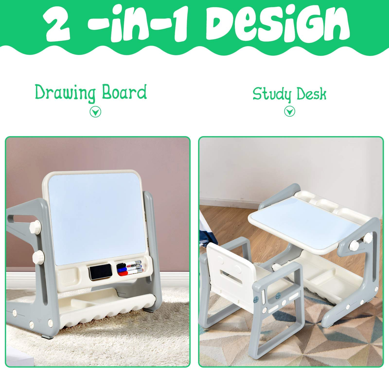 Costzon 2 in 1 Kids Table & Chair, Art Easel w/Adjustable Magnetic Painting Board, Storage Space