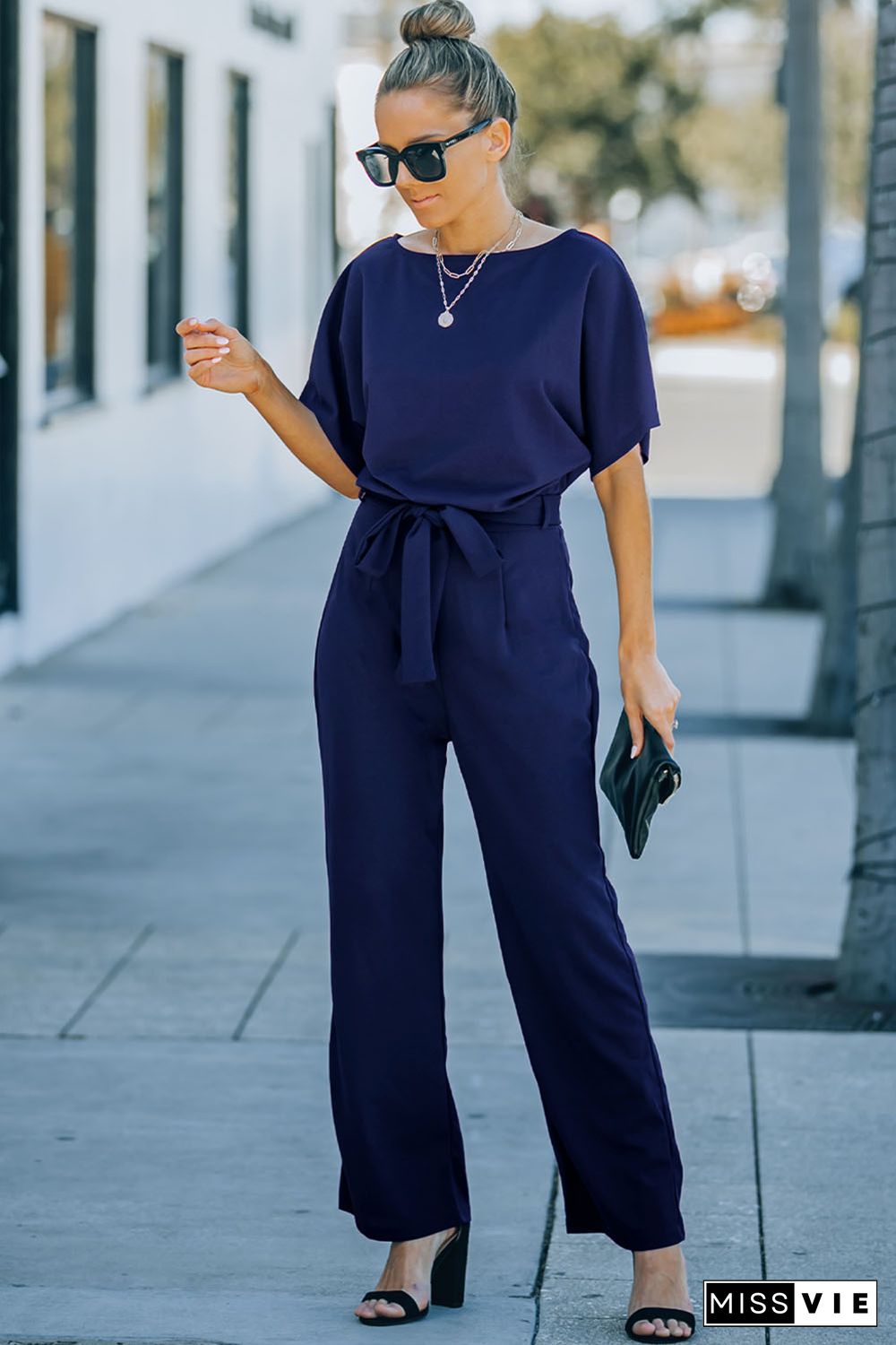 Blue Belted Wide Leg Jumpsuit