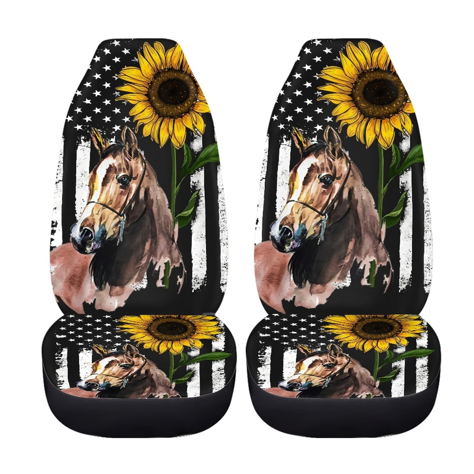 Xoenoiee Car Seat Covers Front Seat Only， Horse Sunflower American Flag Print Auto Bucket Seat Protectors Universal Fit Cover for Most Vehicle， Sedan， Pickup Truck， Van