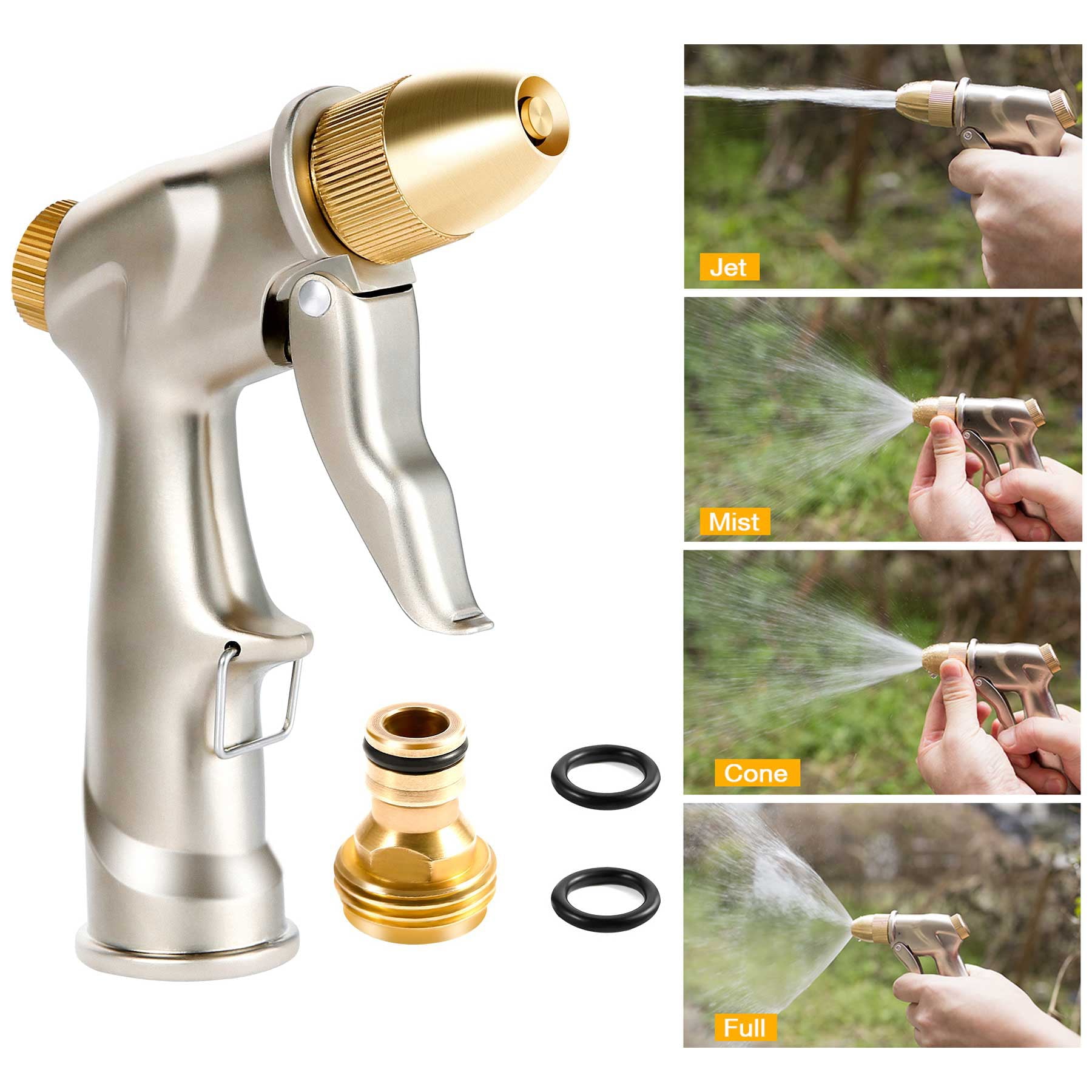 Crenova Garden Hose Nozzle Full Metal Brass Water Sprayer High Pressure Car Wash Gun Multifunction Nozzle， Gold