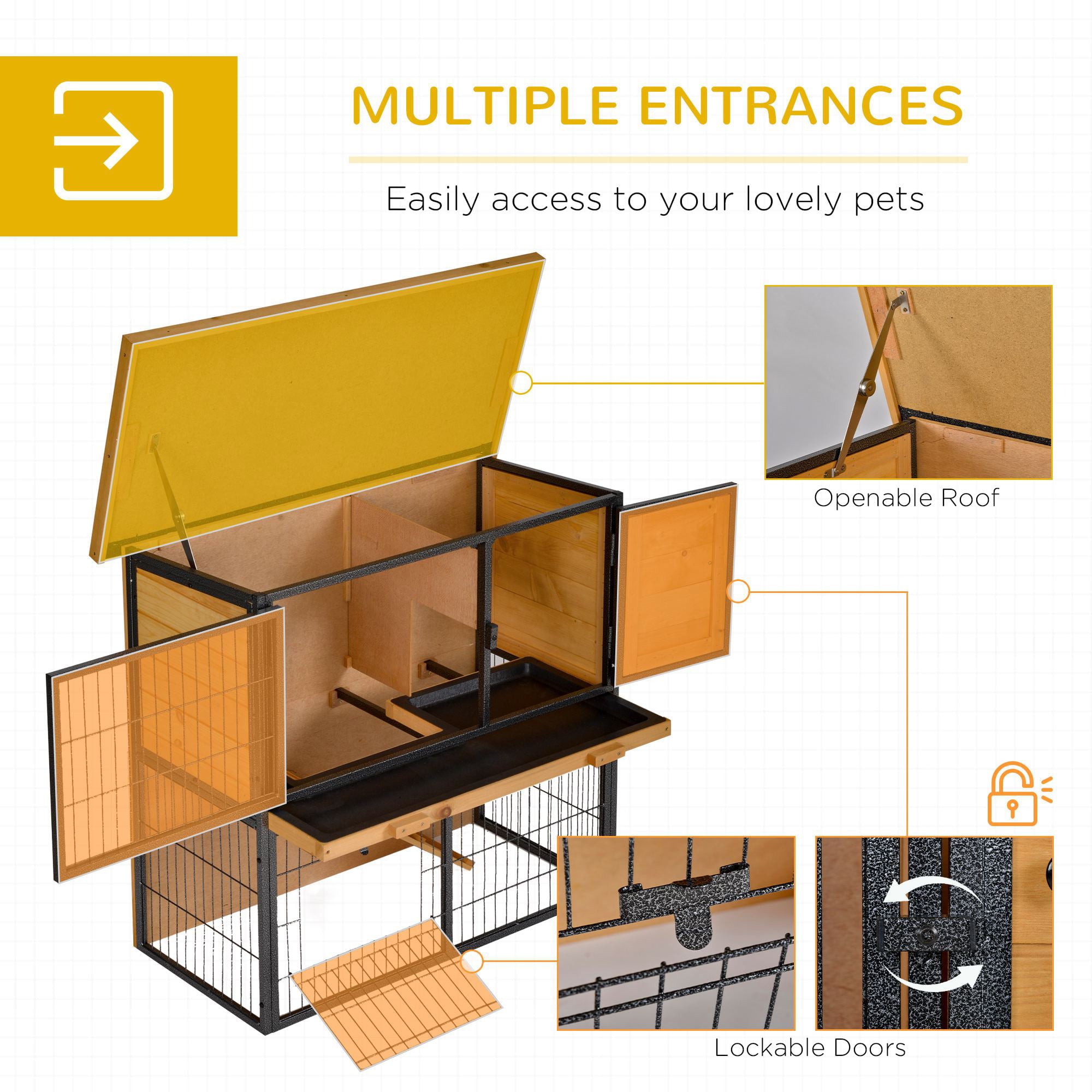 Pawhut Wood-metal Rabbit Hutch Elevated Pet House Bunny Cage Small Animal Habitat with Slide-out Tray Asphalt Openable Roof Lockable Door for Outdoor 35