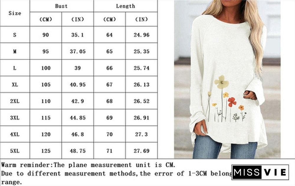 Spring and Autumn Plus Size Fashion Women Clothing Flowers Printed Casual T-shirt Ladies Long Sleeve Round Neck Pullover Tops