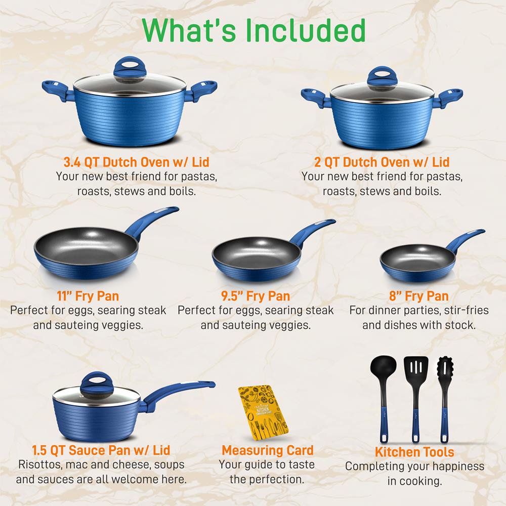 NutriChef 12 Pcs Pots and Pans Set - Stylish Kitchen Cookware， Non-Stick Coating， Light Gray Inside and Blue Outside