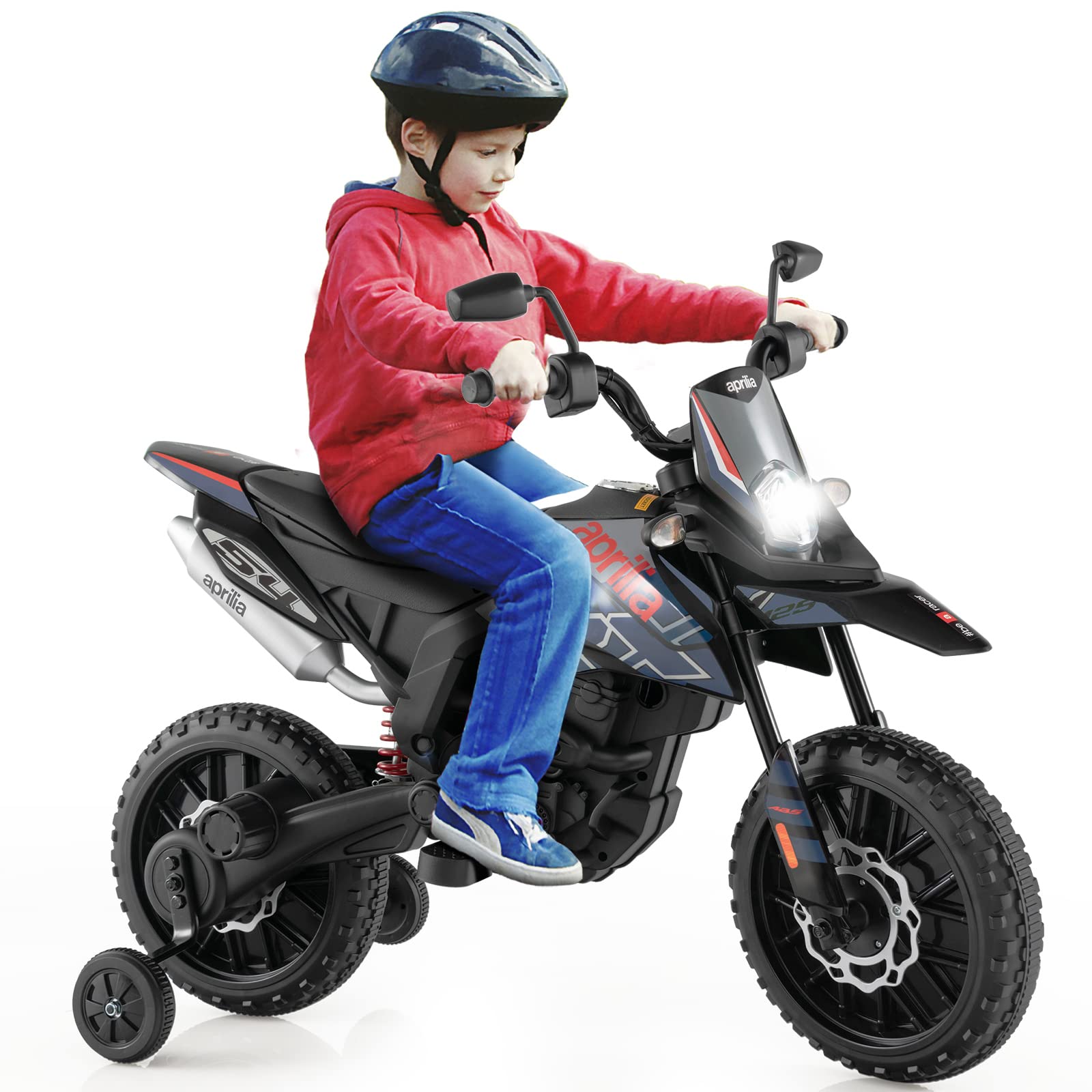 Costzon 12V Kids Motorcycle with Training Wheels, Licensed Aprilia Battery Powered Toddler Motorbike w/Light, Music