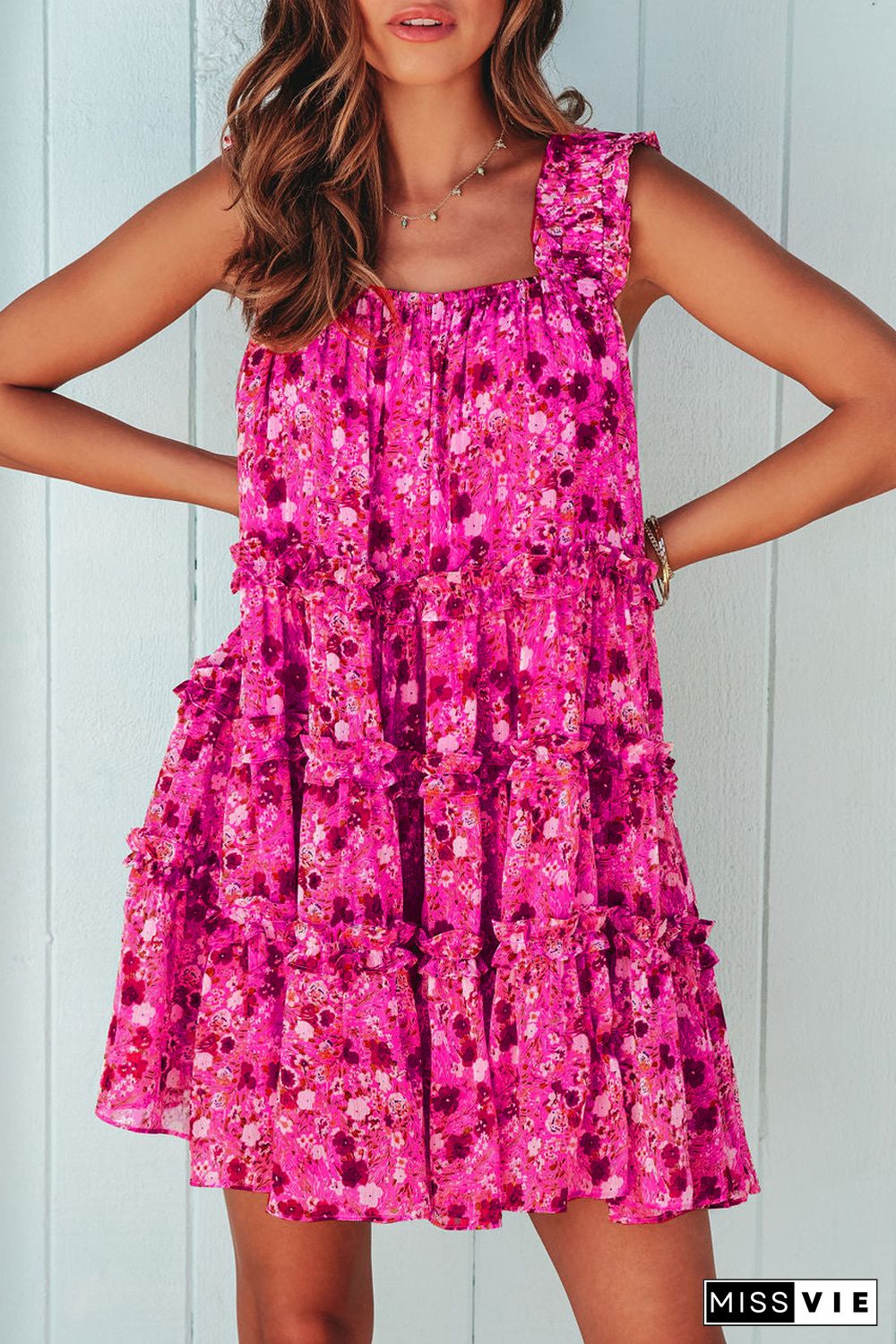 Rose Tiered Ruffled Square Neck Sleeveless Floral Mini Dress