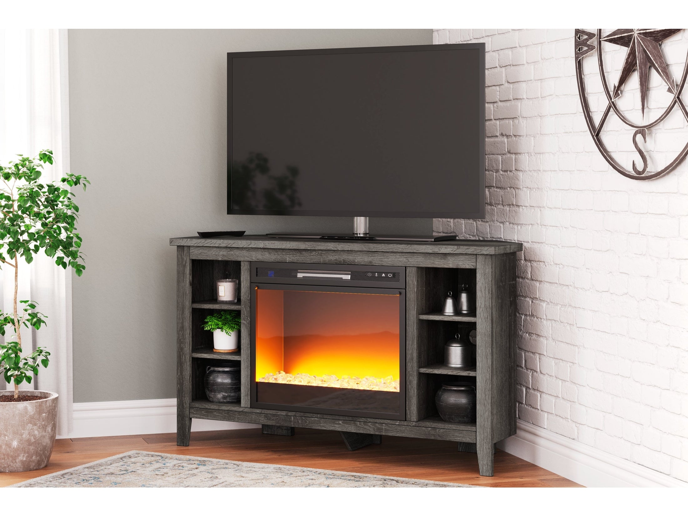 (Online Special Price) Arlenbry Gray Corner TV Stand with Electric Fireplace