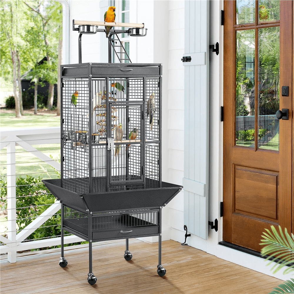 61.5inch Rolling Metal Bird Cage for Cockatiel Lovebird， Black