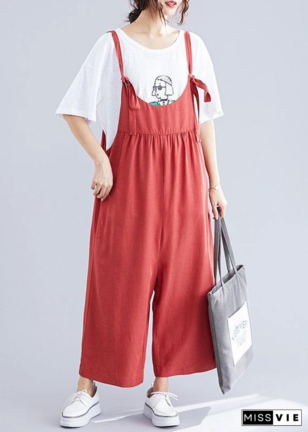 new red casual wide leg pants loose thin fashion straps jumpsuit