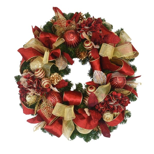 26 Holiday Wreath with Hydrangeas，Oranments and Velvet Bows