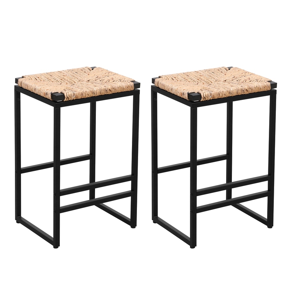 Backless Bar Stools Set of 2  Counter Height Dining Chairs with Paper Rope Woven Upholstered Seat and Black Metal Footrest