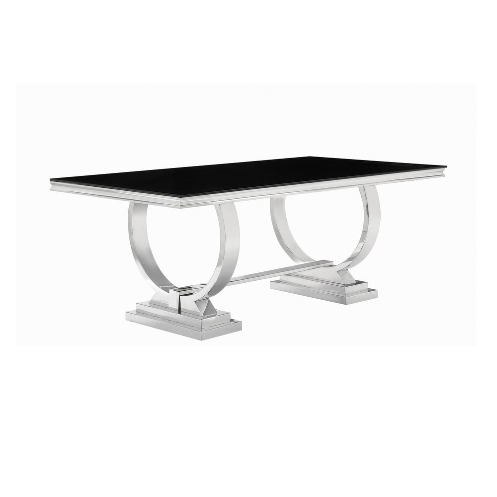 Dining Table with Glass Top and Trestle Base  Black and Chrome