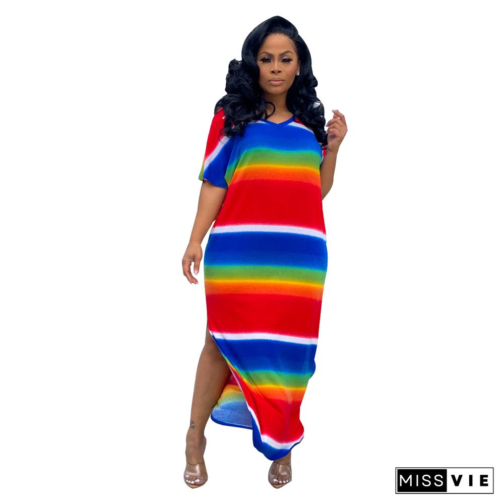 Colorful Stripe Printing Loose Open Fork Maxi Dress