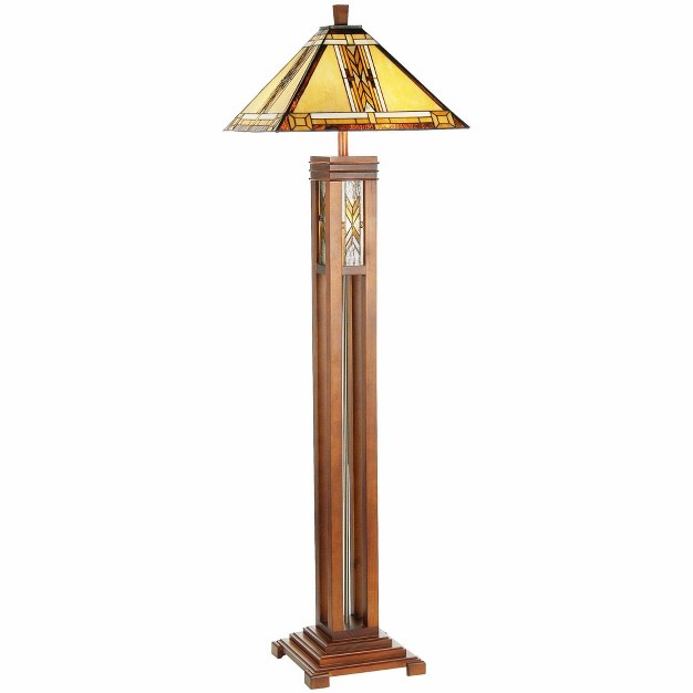 Tall Walnut Wood Column With Nightlight Wheat Stained Glass Shade For Living Room Bedroom House