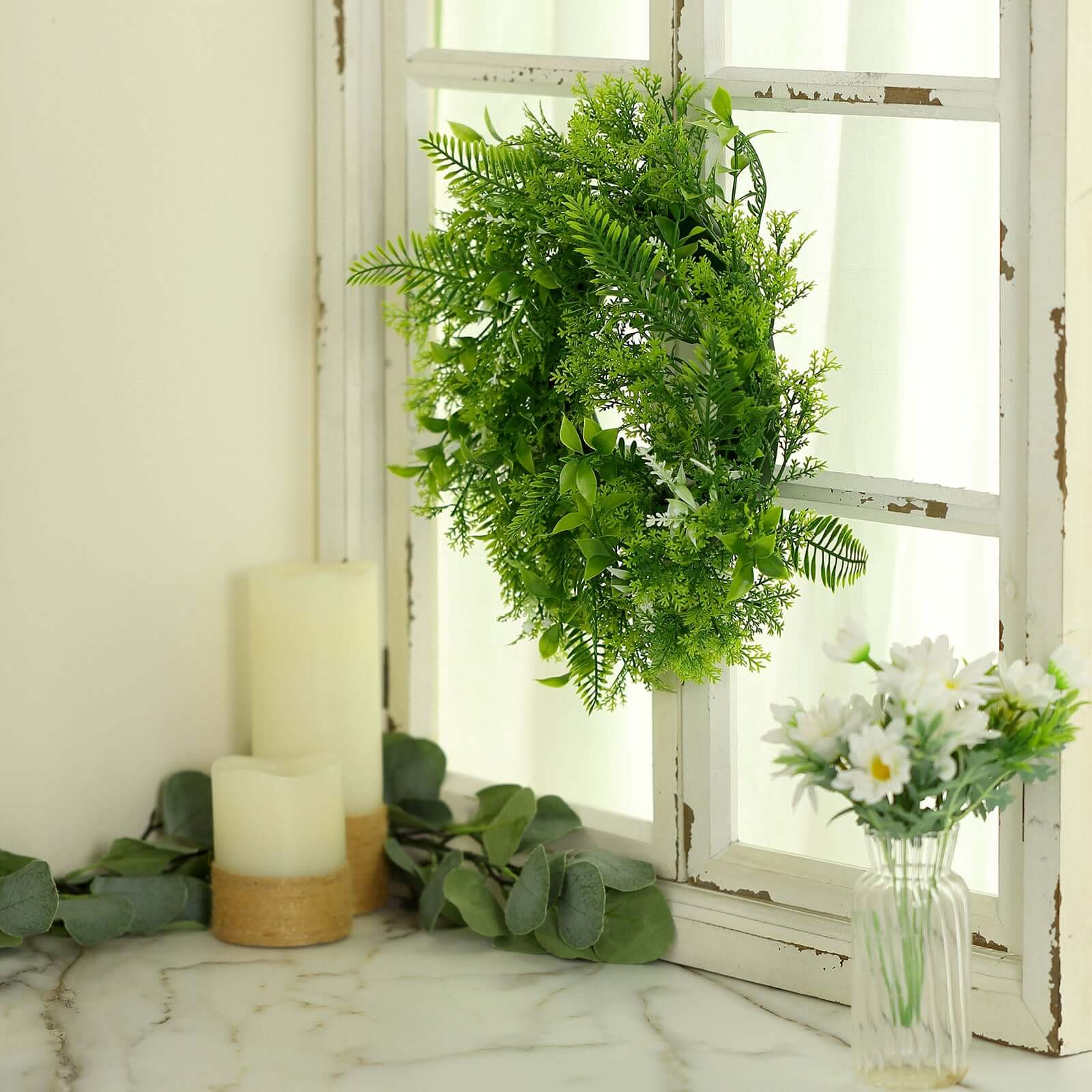 2 Pack Green Artificial Fern Leaf Mix Pillar Candle Ring Wreaths 4