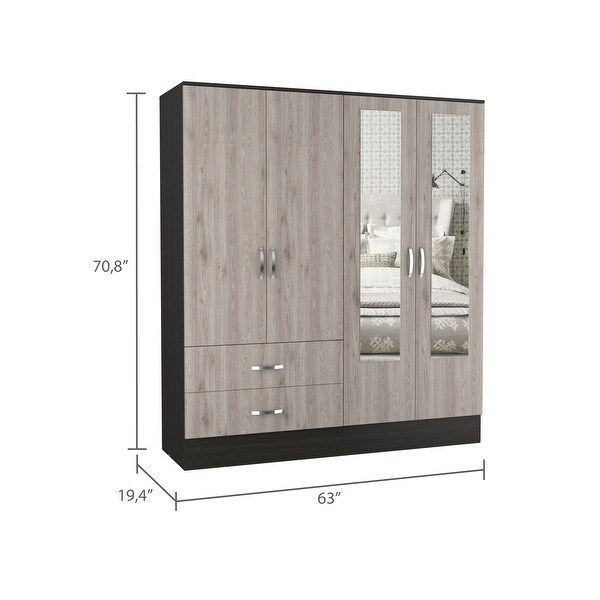 FM FURNITURE Florencia Mirrored New Vintage Armoire with Two Cabinets With Divisions and Two Drawers - - 33834917