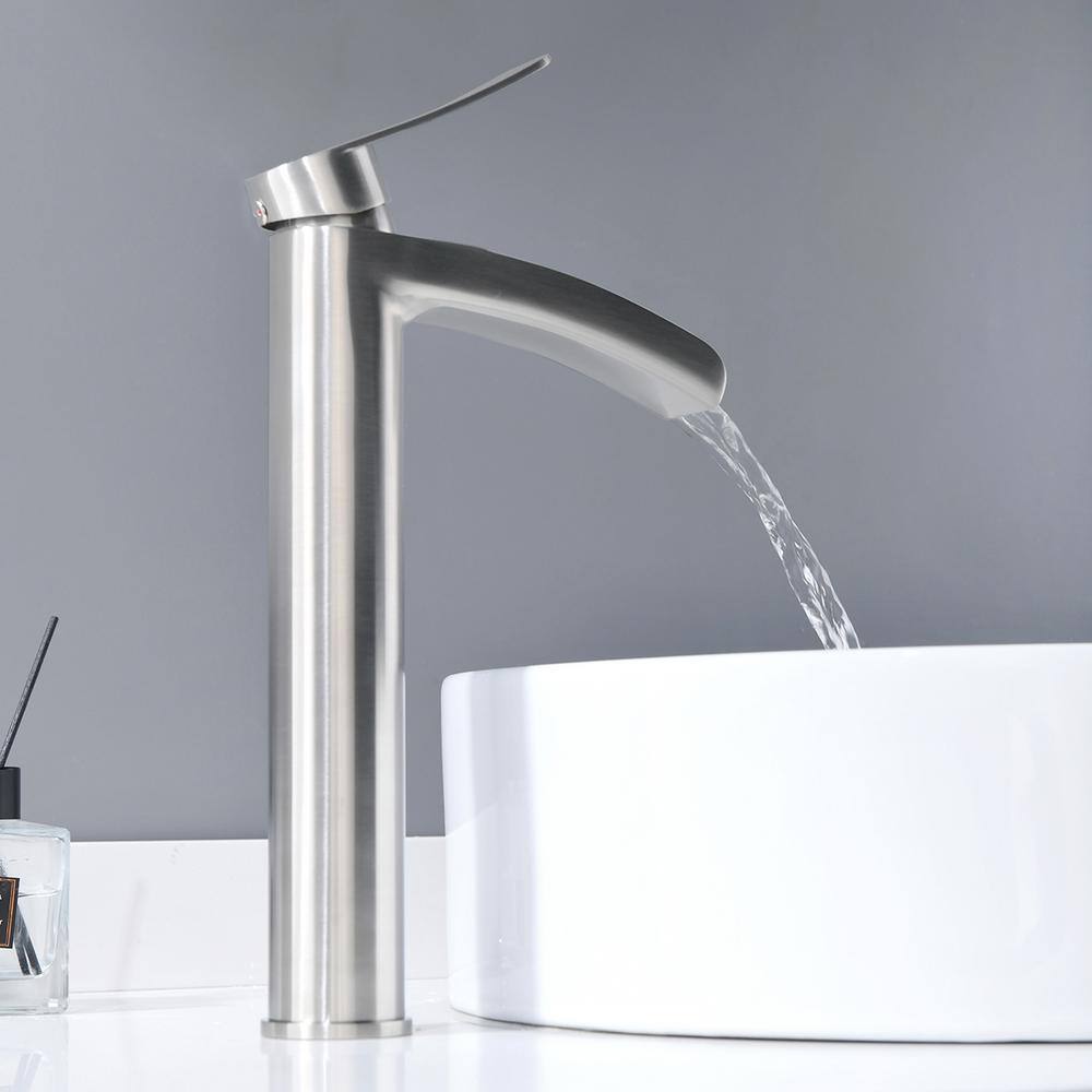 Phiestina Brushed Nickel Single Hole Waterfall Bathroom Faucet Modern Tall Vessel Faucet with Pop Up Drain and Water Supply Line HDNS-SF01-BN-V