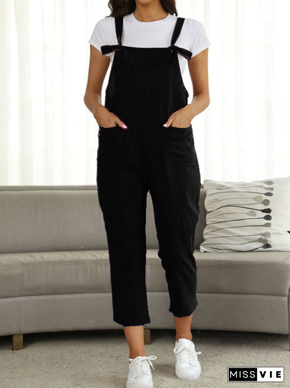 Women's Literary Cotton Linen Straps Casual Pants Jumpsuit