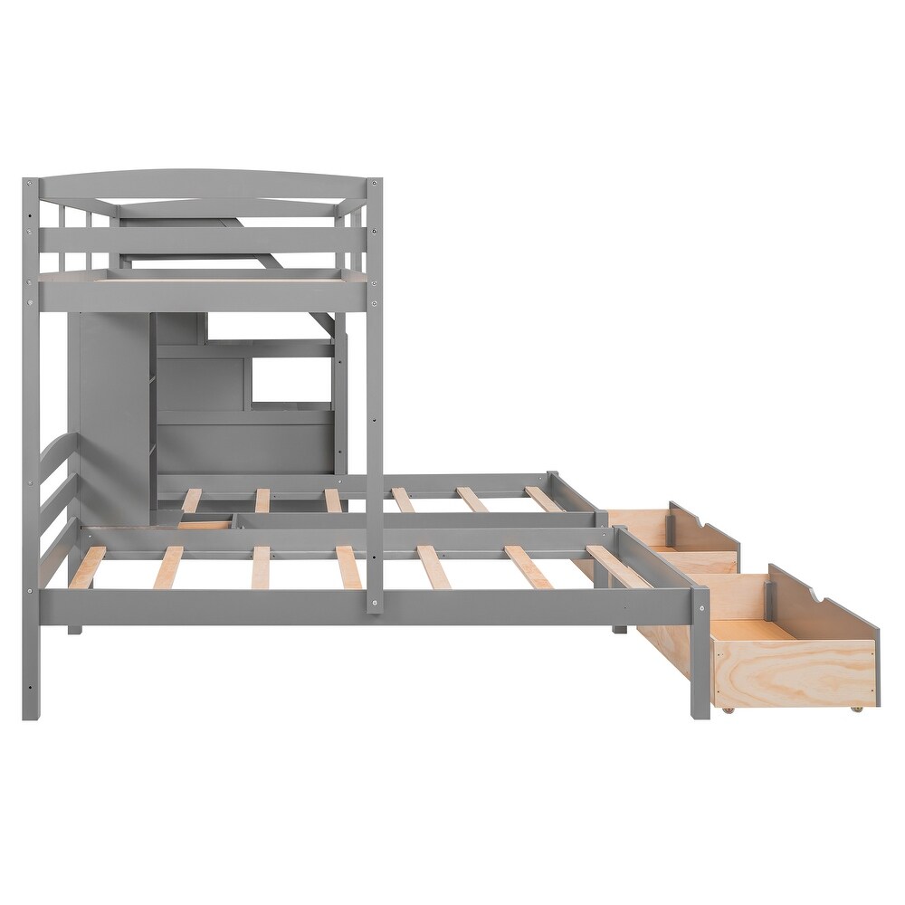 Twin Over Twin Twin Bunk Bed  Triple Bunk Bed w/Drawers  Staircase with Storage  Built in Shelves  for 3 Kids Teens Adults  Grey