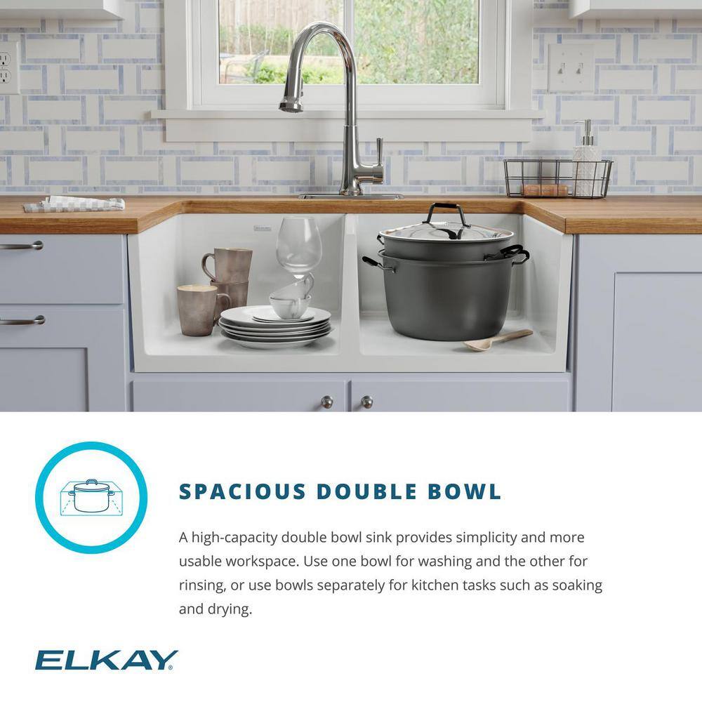 Elkay Explore Farmhouse Apron Front Fireclay 33 in. Double Bowl Kitchen Sink in White SWUF32189WH