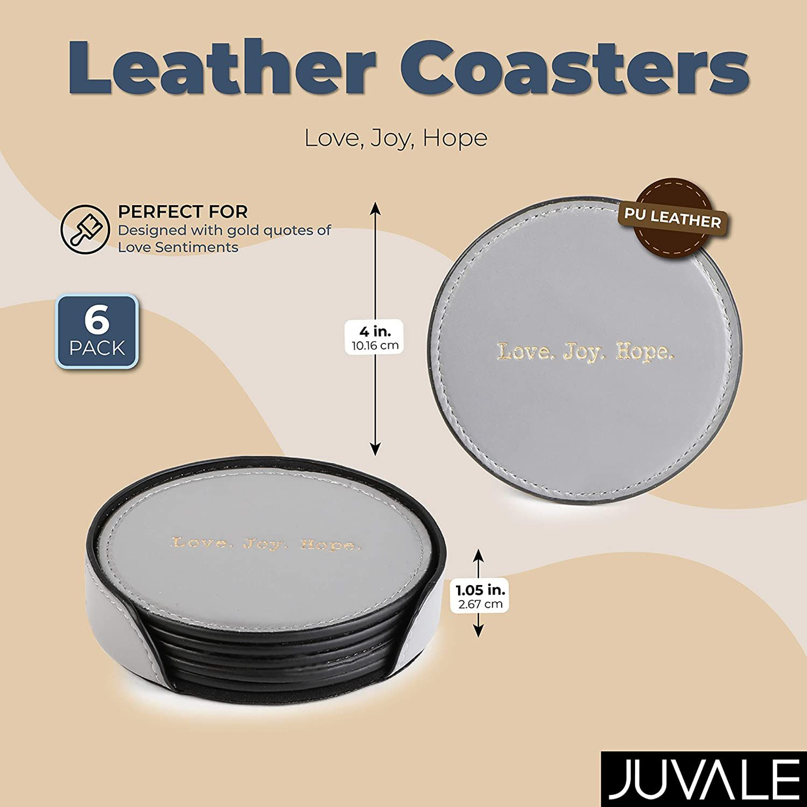 Black Faux Leather Round Coasters Set of 6 with Holder 4