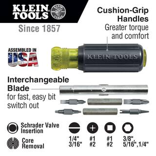 Klein Tools 11-in-1 Multi-Bit ScrewdriverNut Driver with Schrader Valve Core Tool - Cushion Grip Handle 32527