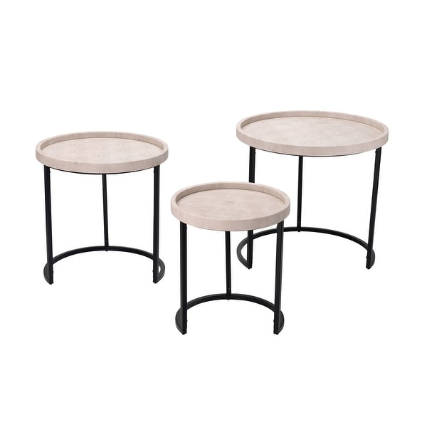 Side Table with Faux Shagreen Accent， Set of 3， Beige