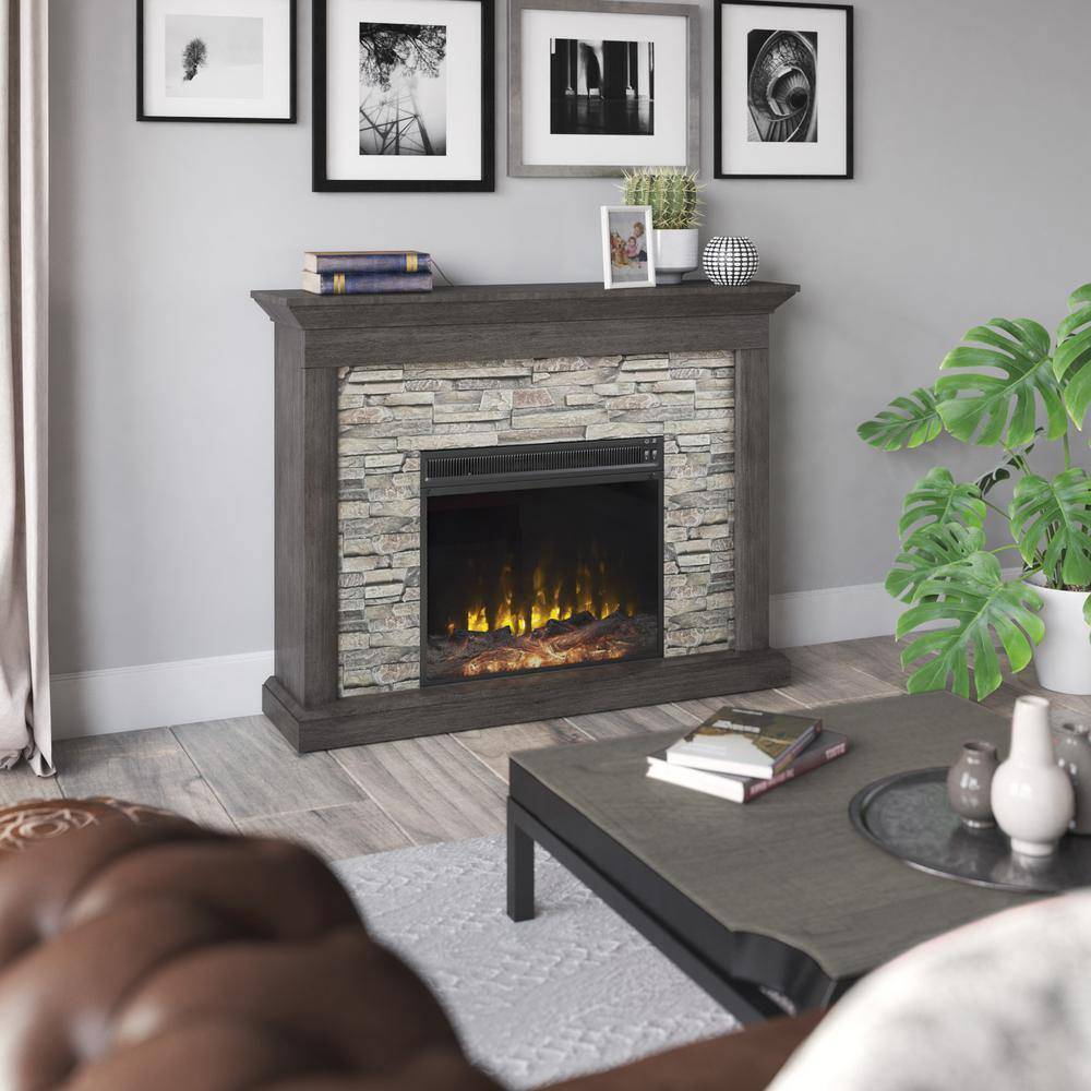 Twin Star Home Rustic 47.38 in. Freestanding Wooden Electric Fireplace with Stacked Stone Look in Weathered Gray 143047