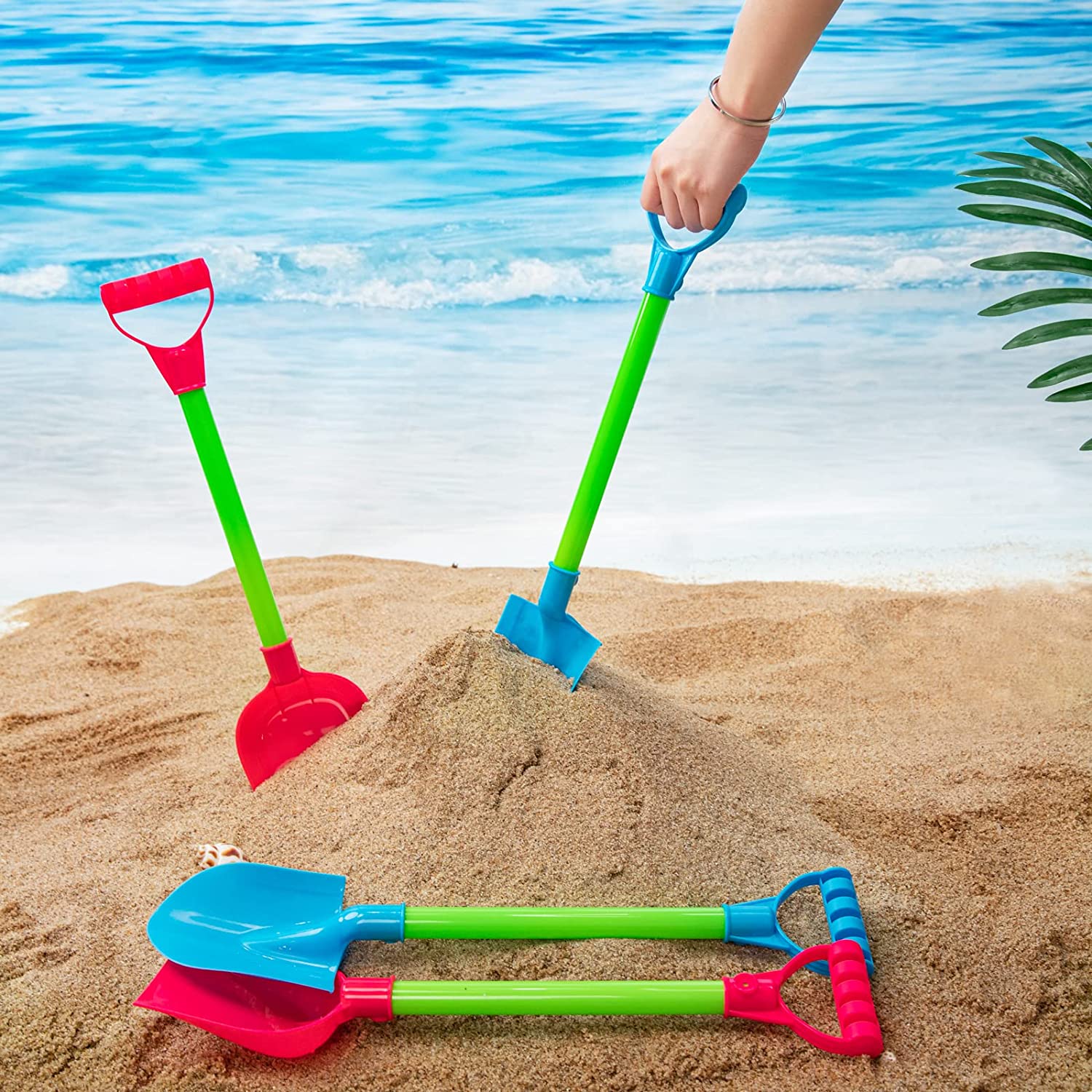 6Pack Beach Shovel Toys- 17.5Inch Kids Sand Snow Shovel Tool Set with Plastic Handle Kids Shovels for Digging Sand - Kids Scoop Shovels for Digging Play Outdoor or Travel (Green Blue Pink)