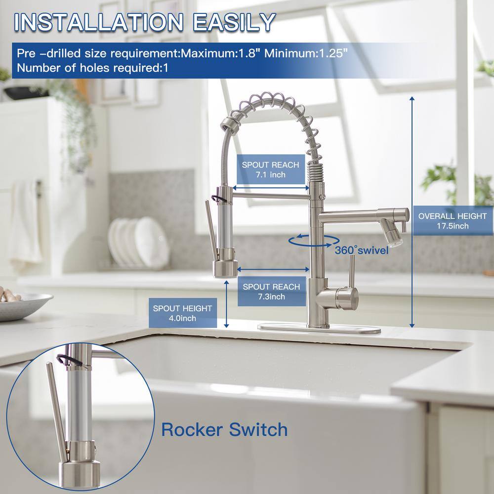 BWE Single Handle Pull-Down Sprayer Kitchen Faucet With LED Light  Deck Plate in Brushed Nickel A-9L4016-N