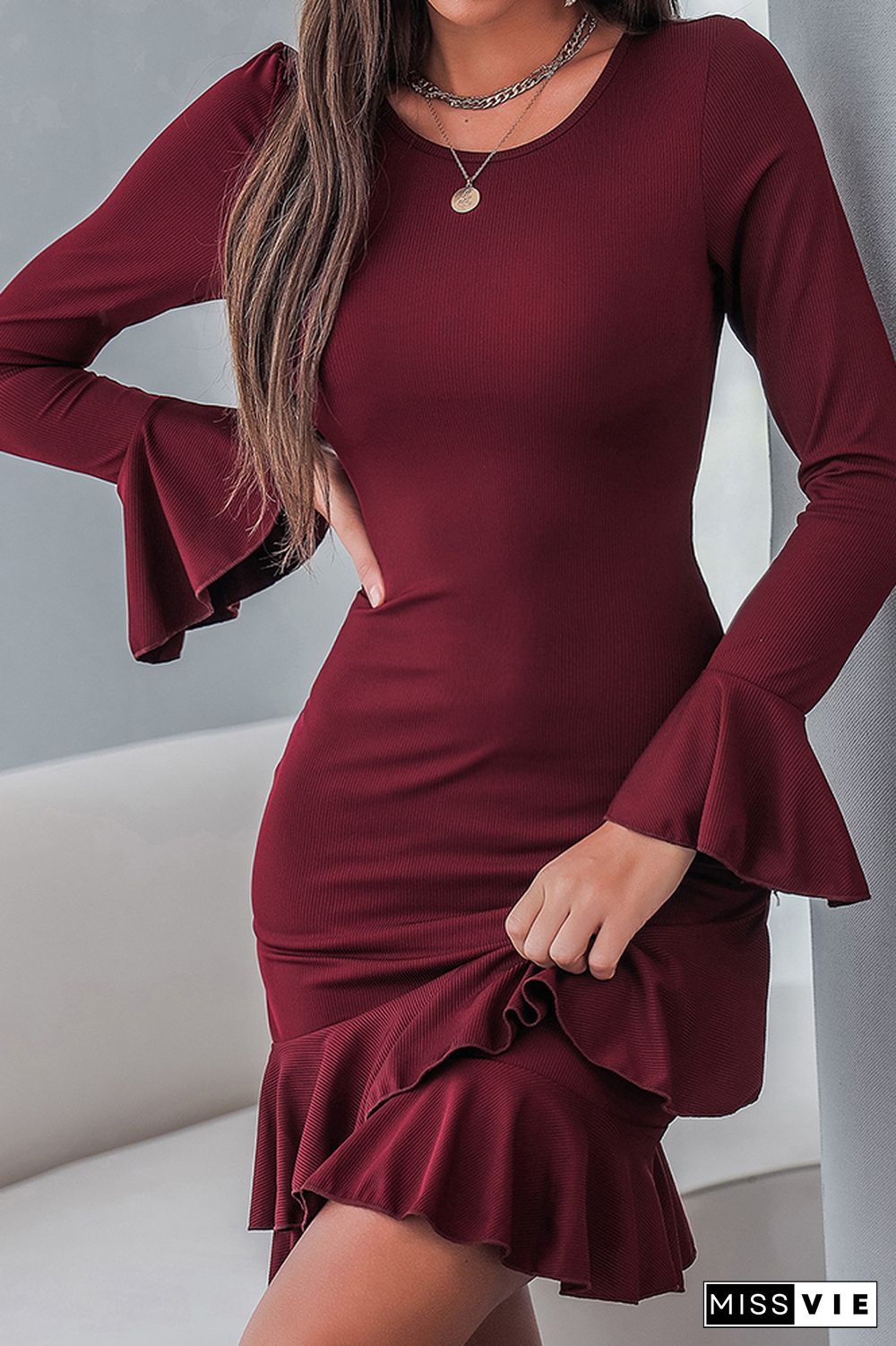 Bell Sleeves Fishtail Hem Bodycon Dress